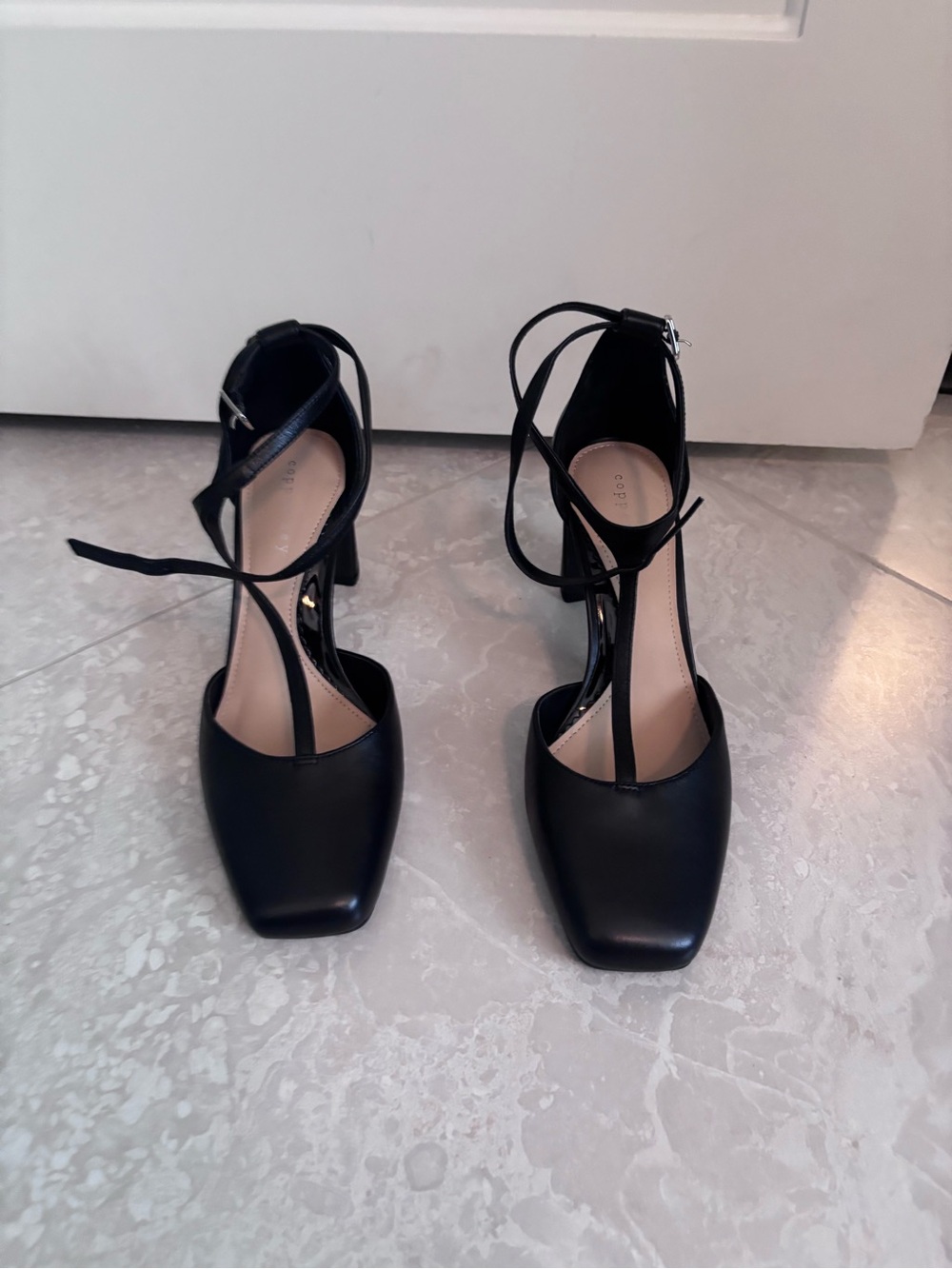 Copper Key Black Square Toe Ankle Tie Block Heels